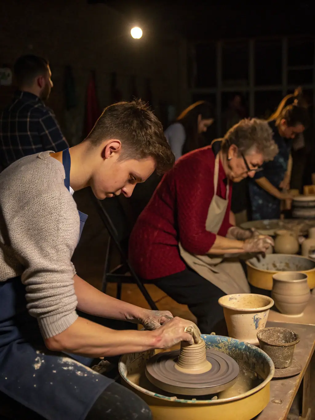 A picture of a workshop where participants are learning traditional crafts, such as weaving or pottery, emphasizing the organization's commitment to skills transmission.