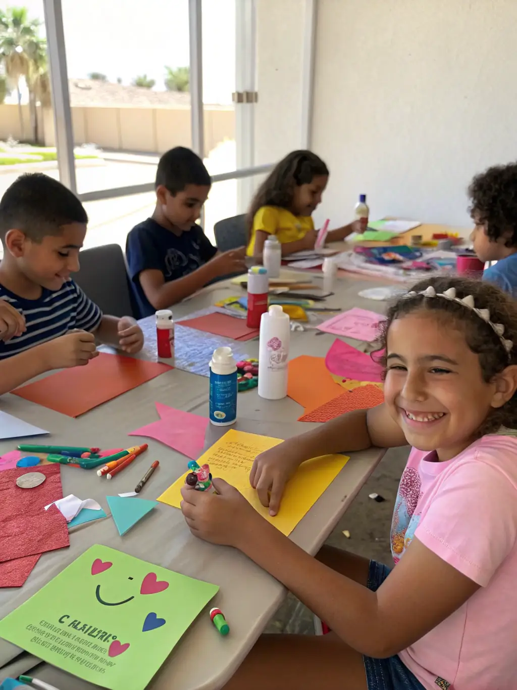 A group of children participating in a historical workshop, learning about traditional crafts and local history from a knowledgeable instructor.