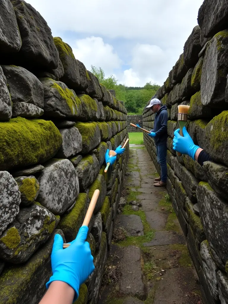 A photograph capturing volunteers cleaning and restoring an old stone wall in Ladapeyre, showcasing the hands-on preservation work of LADAPEYRE HISTORY CULTURE AND HERITAGE.
