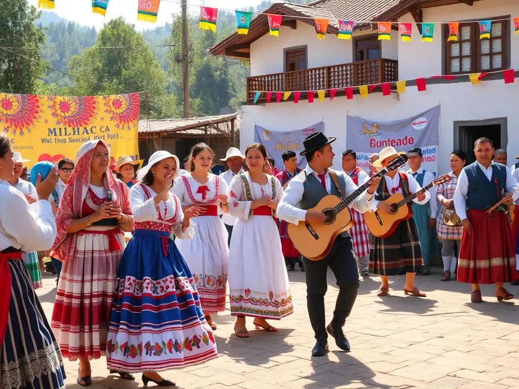 A vibrant photo capturing a cultural festival in Ladapeyre, featuring traditional music, dance, and local crafts, highlighting the community's cultural heritage.