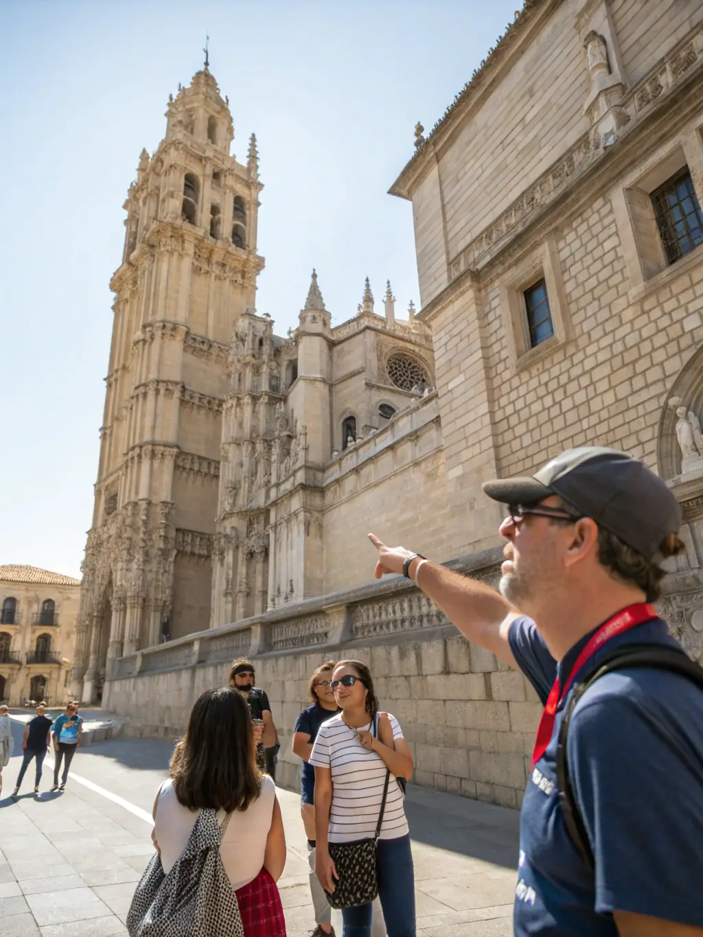 A photo of a guided tour through historical sites in Ladapeyre, with a knowledgeable guide explaining the significance of the landmarks to a group of visitors.