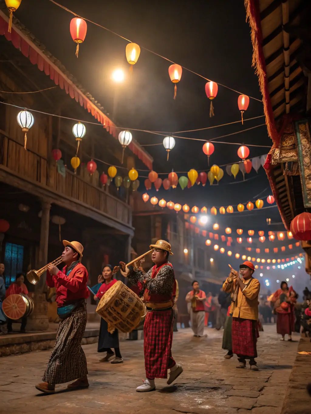 A vibrant scene from a local heritage festival, featuring traditional music, dance, and food, celebrating the cultural richness of Ladapeyre.